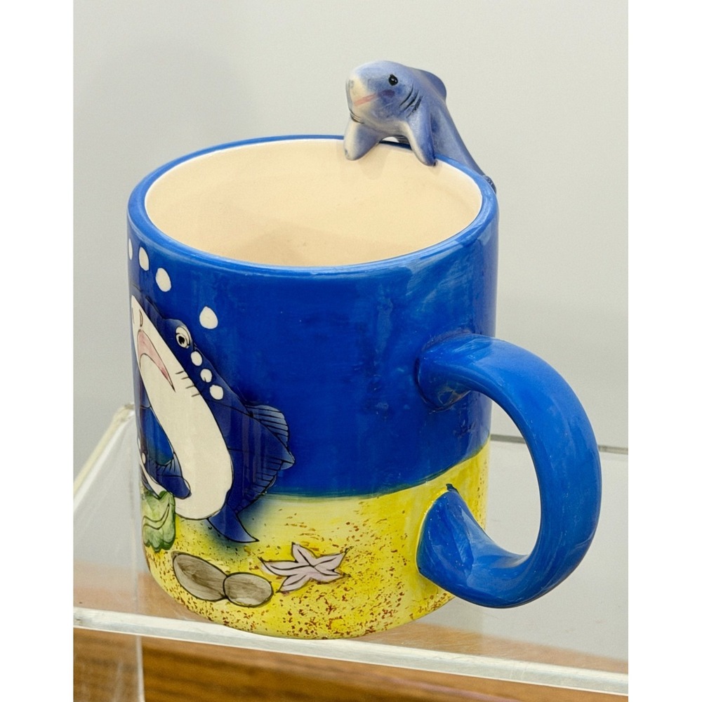 Shark Aquarium Coffee Mug With Shark Figurine on Rim of Cup Sea Life Ocean - Picture 6 of 7